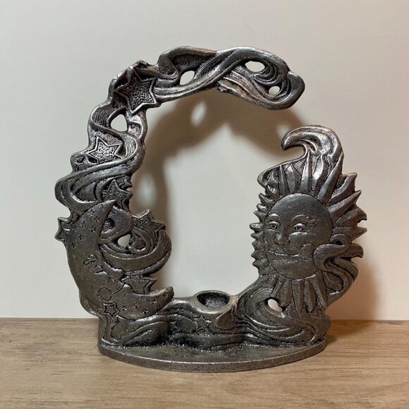 Celestial Candle Holder Sun Moon & Stars Carson Pewter Vintage 1990s Home Decor - Picture 2 of 6